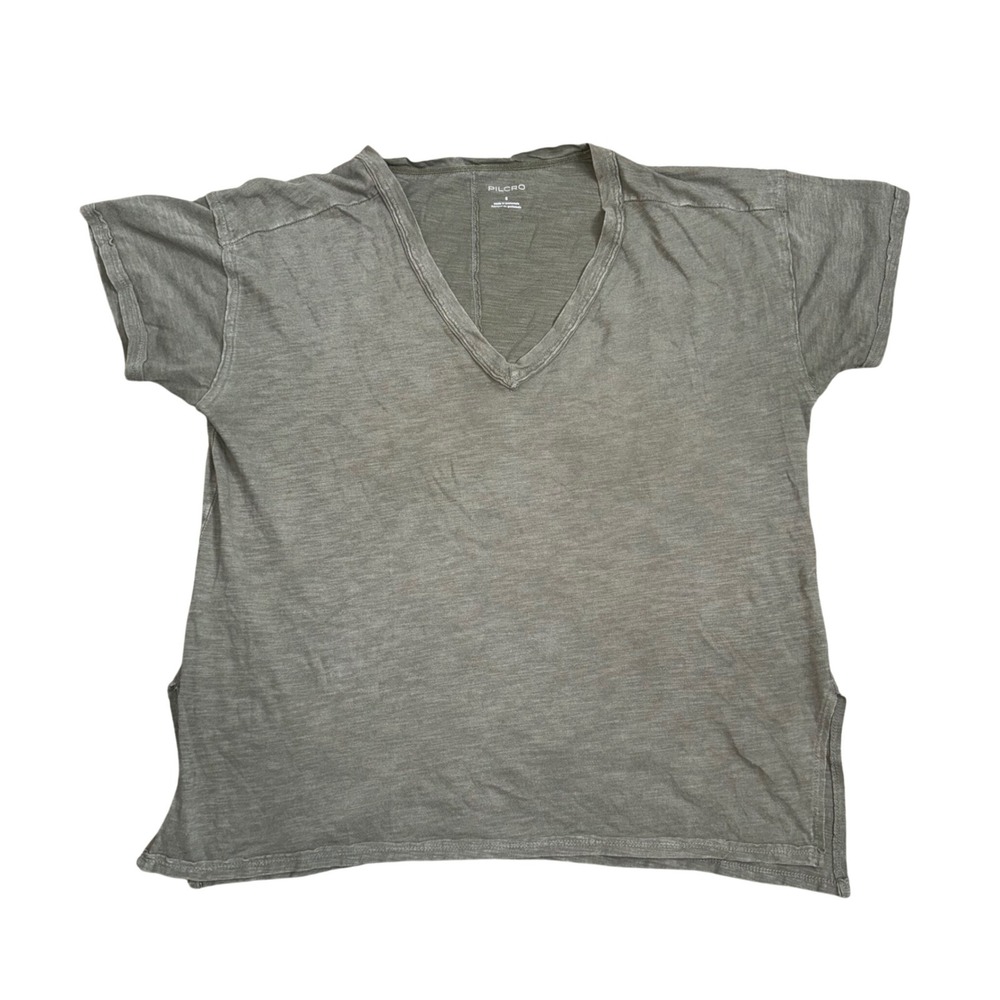 Pilcro V-Neck Tee Women Small Olive Green Excellent Slub Knit Side Slit Top